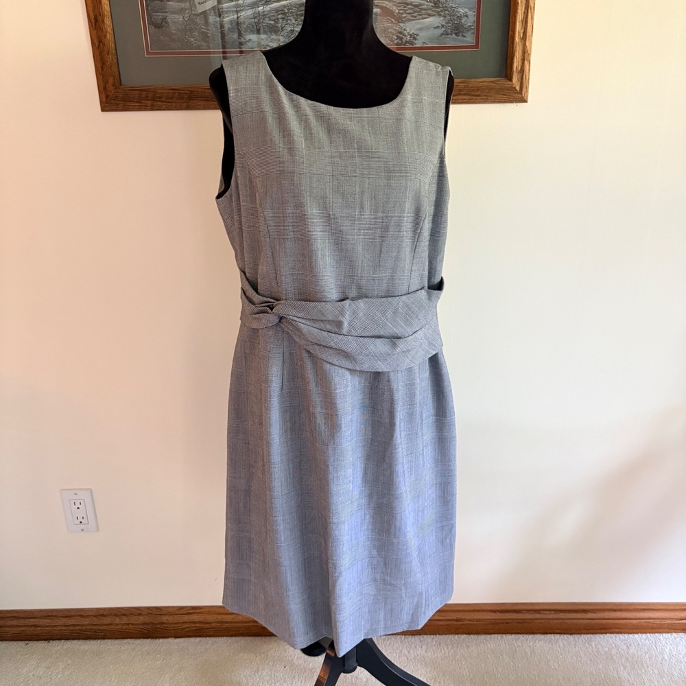 Antonio Melani Grey Glen Plaid Knotted Waist Sheath Dress Size 14 Sleeveless